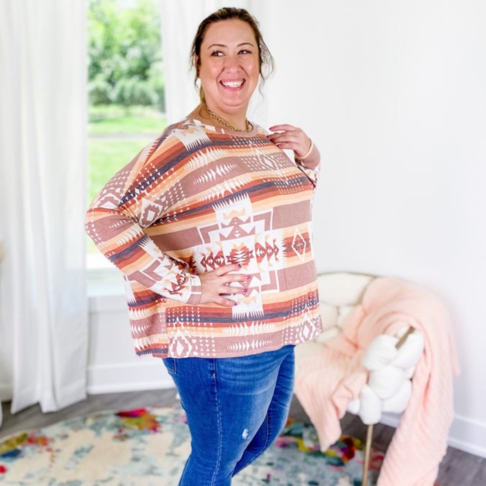 Southwestern Design Round Neck Long Sleeve Top